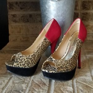 Sexy Leopard Animal Print Black & Red Faux Suede Platform Stiletto Pumps NWOT